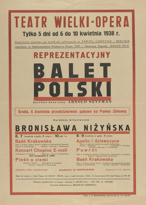 Vintage Ballet 'Bronislav Niinska and The Polish Ballet at The Grand Theatre in Warsaw', Poland, 1938, Reproduction 200gsm A3 Vintage Ballet Poster