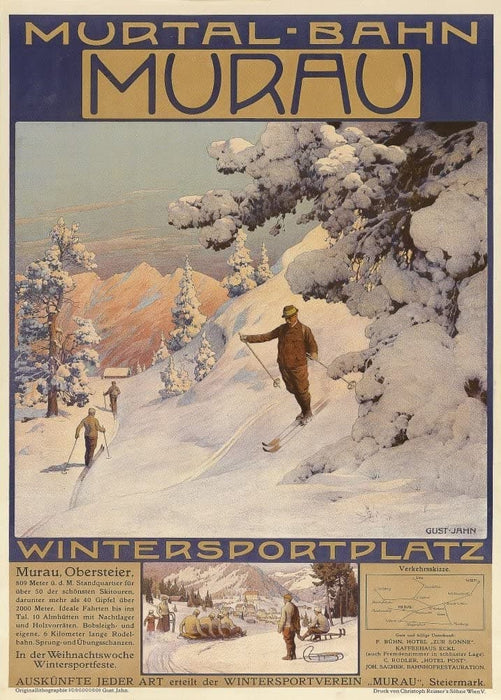 Vintage Travel Austria 'Mirtal Bahn Marau for Wintersport', Circa 1900's, Reproduction 200gsm A3 Vintage Art Nouveau Skiing and Winter Sport Poster