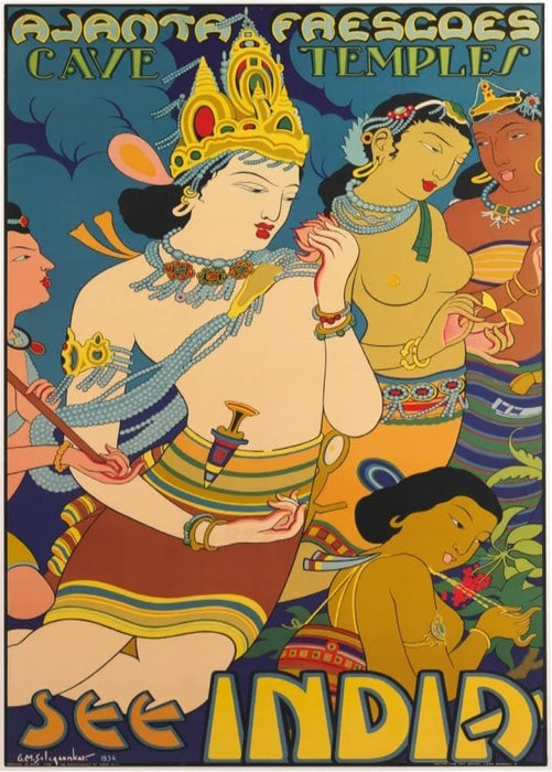 Vintage Travel India 'Ajanta Frescoes and Cave Temples', 1934, Reproduction 200gsm A3 Vintage Art Deco Travel Poster
