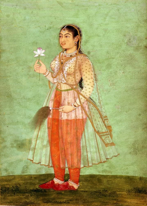 Vintage Persian and Islamic Art 'A Lady with a Flower and Fly Whisk', Mughal, 17th Century, Reproduction 200gsm A3 Vintage Classic Art Poster