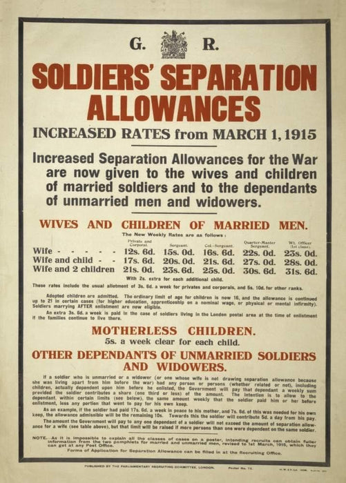 Vintage British WW1 Propaganda 'Soldier's Seperation Allowances', England, 1914-18, Reproduction 200gsm A3 Vintage British Propaganda Poster