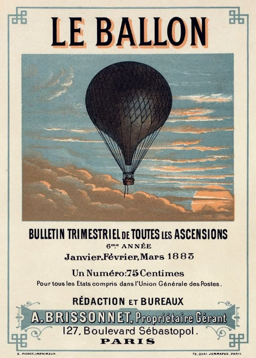 Vintage Travel France 'Paris for Ballooning', 1883, Reproduction 200gsm A3 Vintage Art Nouveau Travel Poster
