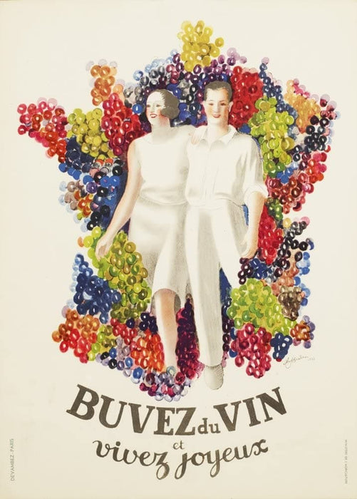 Vintage Beers, Wines and Spirits 'Buvez du Vin et Vivez Joyeux', France, 1933, Leonetto Cappiello, Reproduction 200gsm A3 Vintage Art Deco Poster