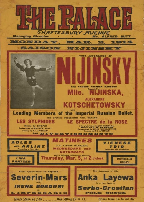 Vintage Ballet 'Nijinsky and The Imperial Russian Ballet, The Palace, Shaftesbury Avenie, London', England, 1914, Reproduction 200gsm A3 Vintage Ballet Poster