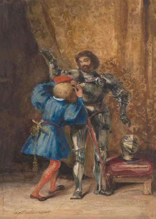 Eugene Delacroix 'Goetz von Berlichingen Being Dressed in Armour by His Paige George', France, 1826-27, Reproduction 200gsm A3 Classic Art Vintage Poster - World of Art Global Limited