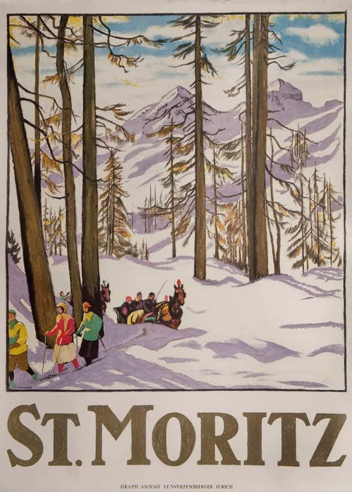 Vintage Travel Switzerland 'St. Moritz', 1918, Reproduction 200gsm A3 Vintage Art Deco Skiing and Winter Sport Poster