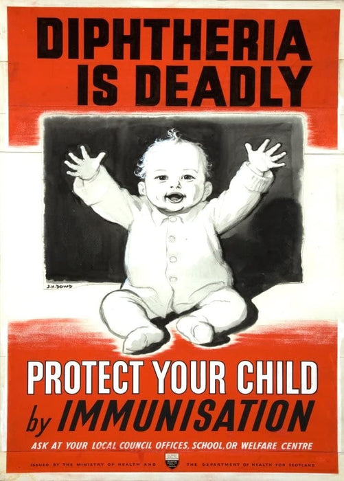 Vintage British WW11 Propaganda 'Diphtheria is Deadly. Protect Your Child by Immunisation', England, 1939-45, Reproduction 200gsm A3 Vintage British Propaganda Poster
