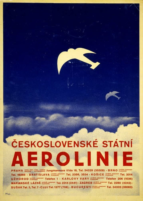Vintage Travel Czechoslovakia 'Prague with Aerolinie Airlines', Circa. 1930's, Reproduction 200gsm A3 Vintage Art Deco Travel Poster