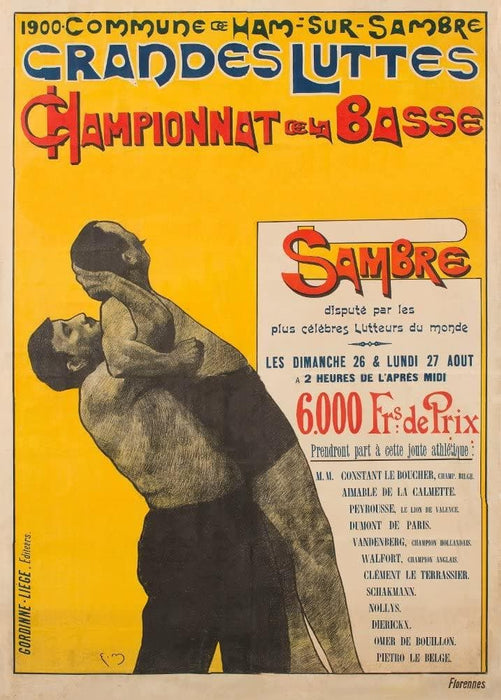 Vintage Wrestling 'Wrestling Championship, Ham-Sur-Sambre', Belgium 1900, Reproduction 200gsm A3 Vintage Sports Poster