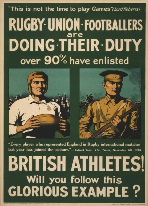 Vintage British WW1 Propaganda 'Rugby Union Footballers are Doing Their Duty', England, 1914-18, Reproduction 200gsm A3 Vintage British Propaganda Poster