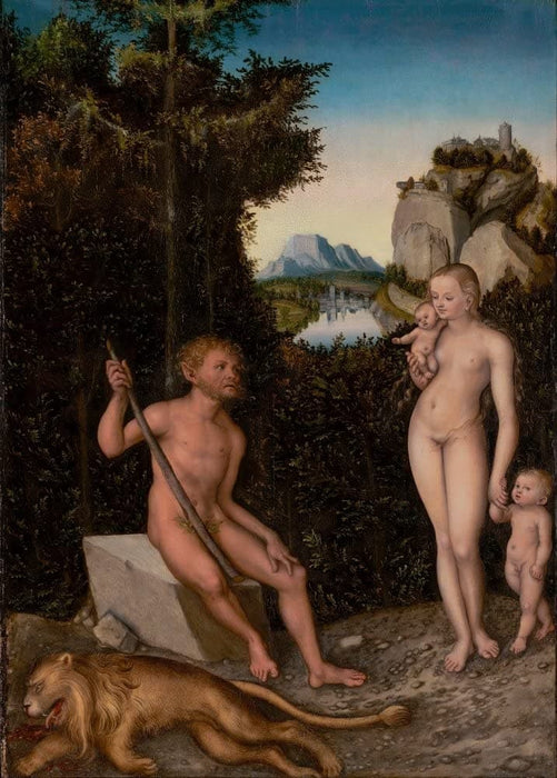Lucas Cranach The Elder 'A Faun and his Family with a Slain Lion', Germany in 1526, Reproduction 200gsm A3 Vintage Classic Art Poster