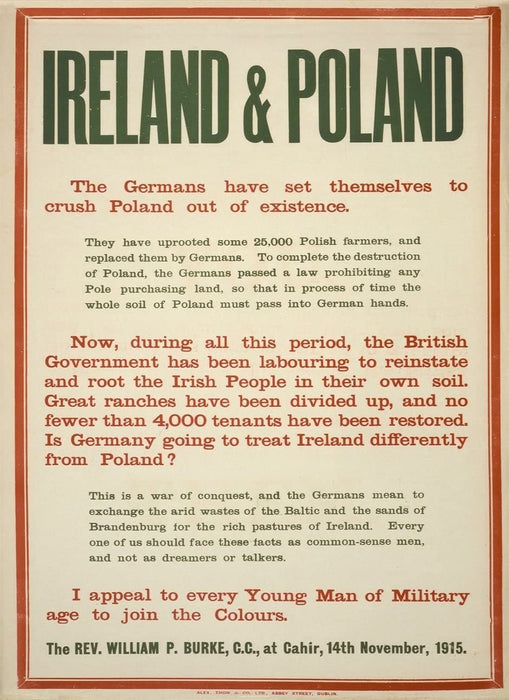 Vintage Irish WW1 Propaganda 'Ireland and Poland. The Germans Have Set Themselves to Crush Poland Out of Existence', Ireland, 1914-18, Reproduction 200gsm A3 Vintage Propaganda Poster