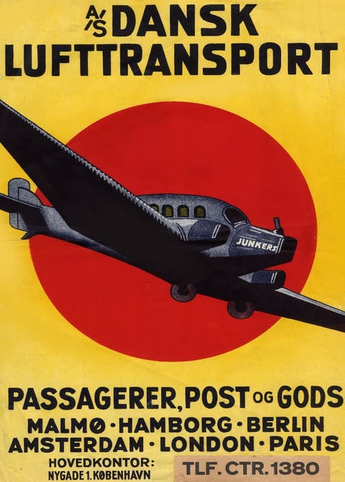 Vintage Travel Denmark 'Passengers, Post and Goods with Dansk Luftransport', 1926, Reproduction 200gsm A3 Vintage Art Deco Travel Poster