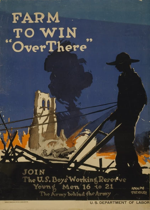 Vintage U.S WW1 Propaganda 'Farm to Win Over There. Join The U.S Boys Working Reserve for Young Men, Sixteen to Twenty-One', U.S.A, 1914-18, Reproduction 200gsm A3 Vintage Propaganda Poster