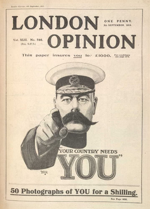 Vintage British WW1 Propaganda 'Lord Kitchener. Your Country Needs You', from 'Public Opion', England, 1914-18, Reproduction 200gsm A3 Vintage British Propaganda Poster