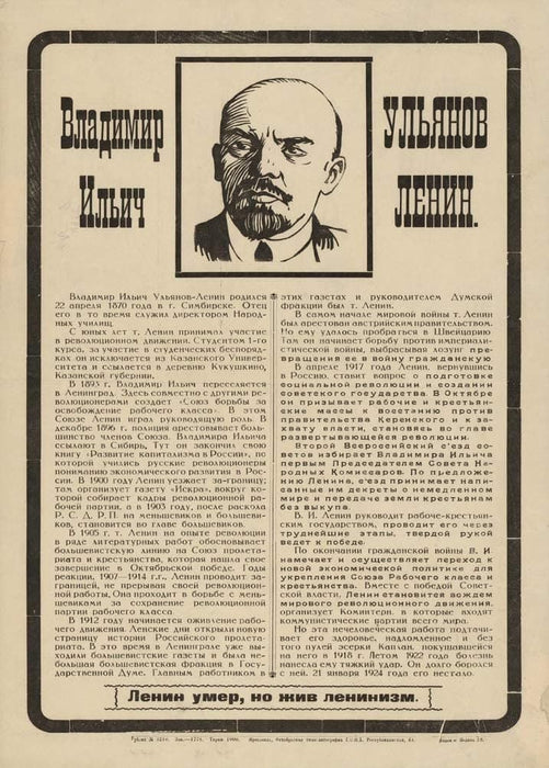 Vintage Russian Propaganda 'Vladimir Ilyich Ulyanov-Lenin. Lenin died, but Leninism is alive', 1925, Reproduction 200gsm A3 Vintage Russian Communist Propaganda Poster