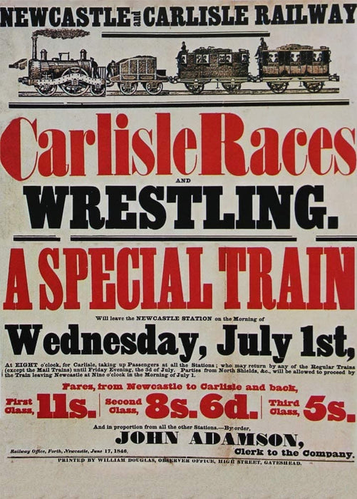 Vintage Horse Racing 'Newcastle and Carlisle Railway for The Horse Racing and Wrestling', 1840, Reproduction 200gsm A3 Vintage Travel Poster