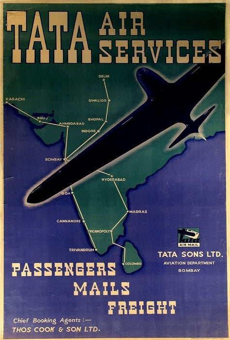 Vintage Travel India 'Tata Air Services', Circa. 1930's, Reproduction 200gsm Vintage Art Deco Travel Poster