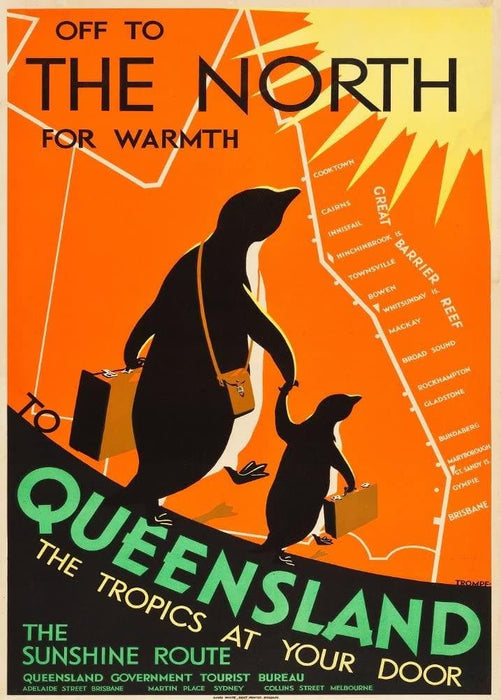 Vintage Travel Australia 'Queensland. Off to The North for Warmth', Australiam 1935, Reproduction 200gsm A3 Vintage Art Deco Travel Poster