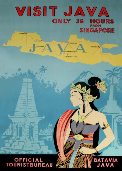 Vintage Travel Indonesia 'Java and Bali Only Thirty-Six Hours from Singapore', Circa. 1920-30's, Reproduction 200gsm A3 Vintage Art Deco Travel Poster