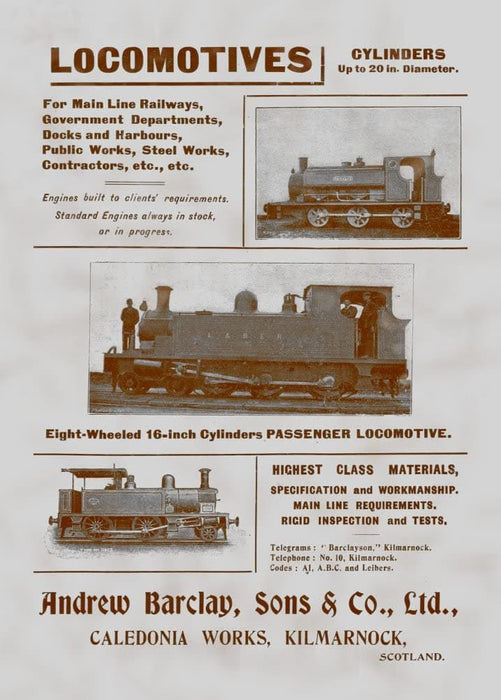Vintage Travel Scotland 'Locomotive Engines Manufactured by Barcaly and Sons. Kilmarnock', Scotland, 1905, Reproduction 200gsm A3 Vintage Travel Poster