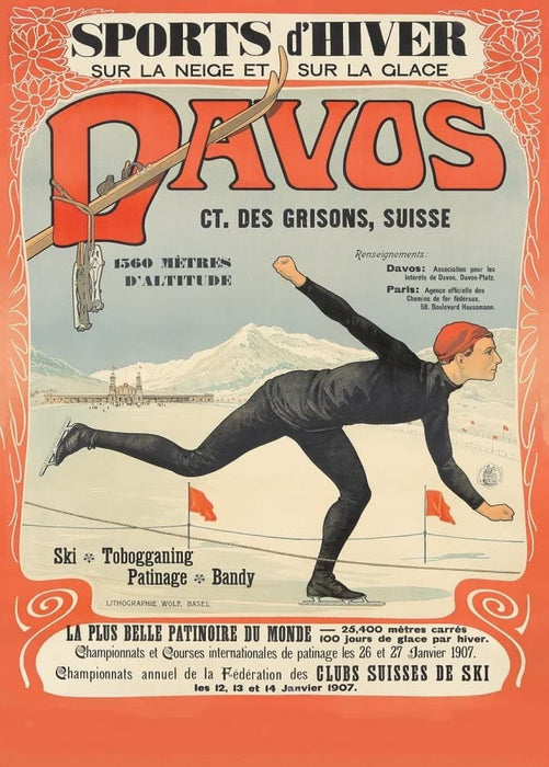 Vintage Travel Switzerland 'Davos Sports D'Hiver,' 1907, Reproduction 200gsm A3 Vintage Skiing and Winter Sport Poster