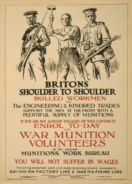 Vintage British WW1 Propaganda 'Britain's Shoulder to Shoulder', England, 1914-18, Reproduction 200gsm A3 Vintage British Propaganda Poster