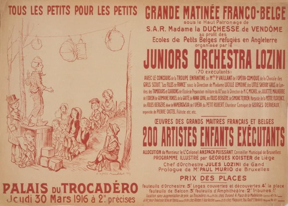 Vintage French WW1 Propaganda 'Grand French-Belgian Matinee to Benefit The Schools for Belgian Refugee Children in England', France, 1914-18, Reproduction 200gsm A3 Vintage French Propaganda Poster