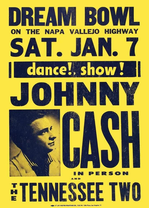 Vintage Music 'Johnny Cash and The Tennessee Two Live at The Dream Bowl', U.S.A, 1960's, Reproduction 200gsm A3 Vintage Country Music Poster