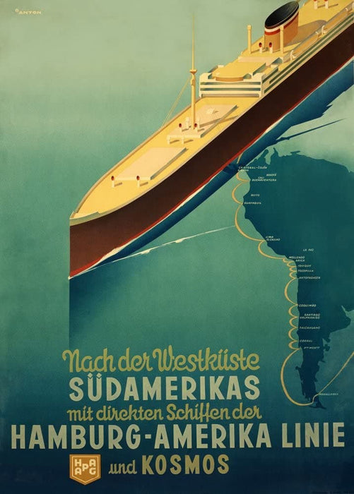 Vintage Travel South America 'Tours on The Hamburg-America Line', Germany, 1935, Reproduction 200gsm A3 Vintage Art Deco Travel Poster