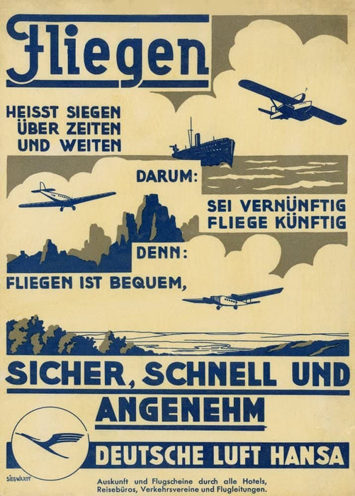 Vintage Travel Germany 'Fly Safe, Fast and Comfortable with Deutsche Luft Hansa', 1930, Reproduction 200gsm A3 Vintage Art Deco Travel Poster