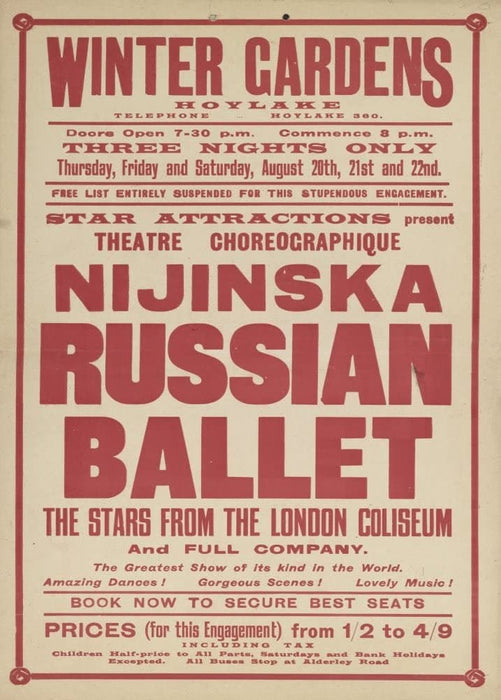 Vintage Ballet 'Bronislava Nijinska with The Russian Ballet', Winter Gardens Theatre, Hoylake, England, 1925, Reproduction 200gsm A3 Vintage Ballet Poster