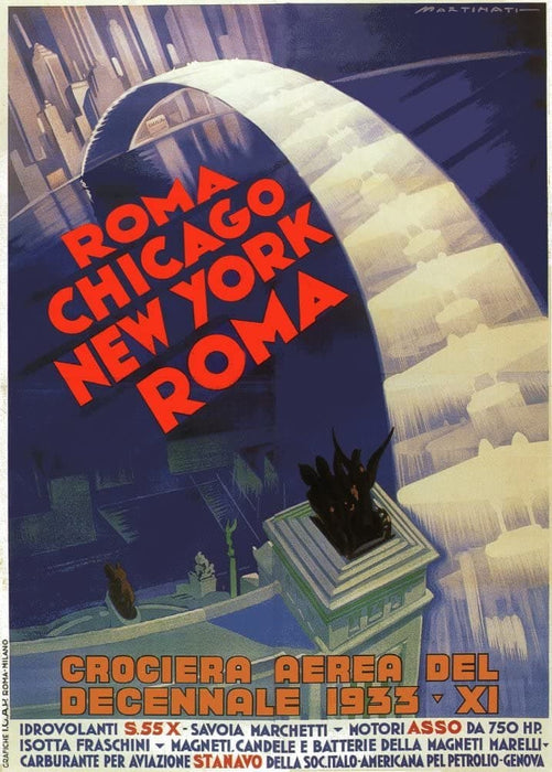 Vintage Travel Italy 'Aerial Circuit from Rome to Chicago and New York Return', 1933, Reproduction 200gsm A3 Vintage Travel Art Deco Travel Poster
