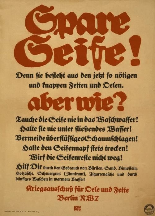 Vintage German WW1 Propaganda 'Spare Soap! But How?', Germany, 1914-18, Reproduction 200gsm A3 Vintage German Propaganda Poster