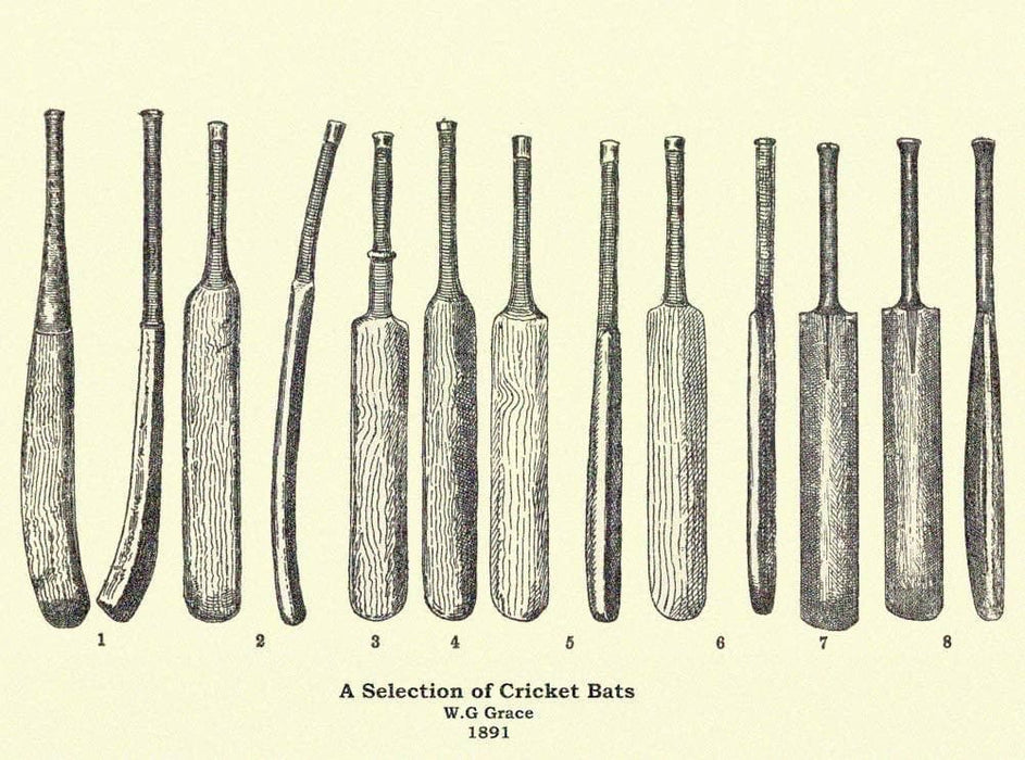 Vintage Cricket 'A Selection of Cricket Bats', from 'Cricket' by W.G Grace, England, 1891, Reproduction 200gsm A3 Vintage Sports Poster