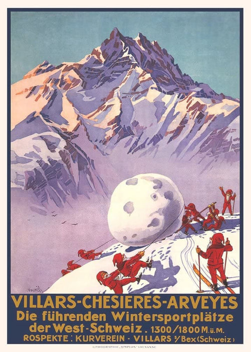 Vintage Travel Switzerland 'Villars, Chesieres, Ayveyes, Bretaye', 1934, Reproduction 200gsm A3 Vintage Art Deco Skiing and Winter Sports Poster