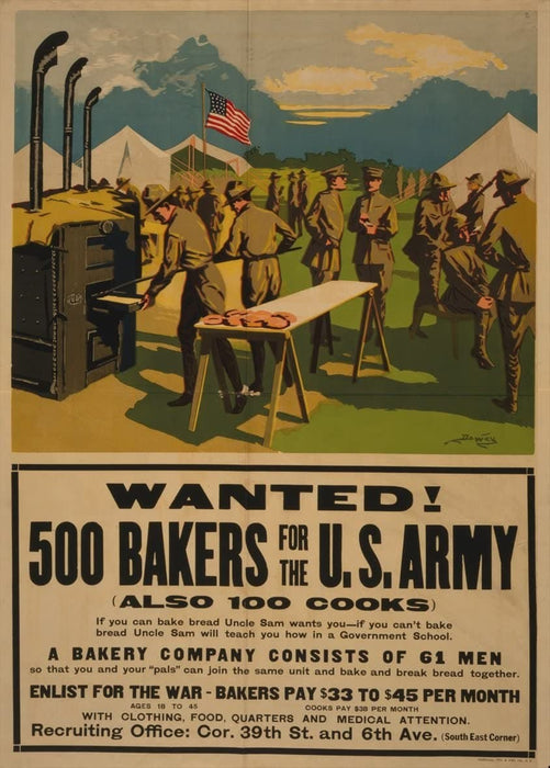 Vintage U.S WW1 Propaganda 'Wanted! Five-Hundred Bakers for The U.S Army. Also One-Hundred Cooks', U.S.A, 1914-18, Reproduction 200gsm A3 Vintage Propaganda Poster