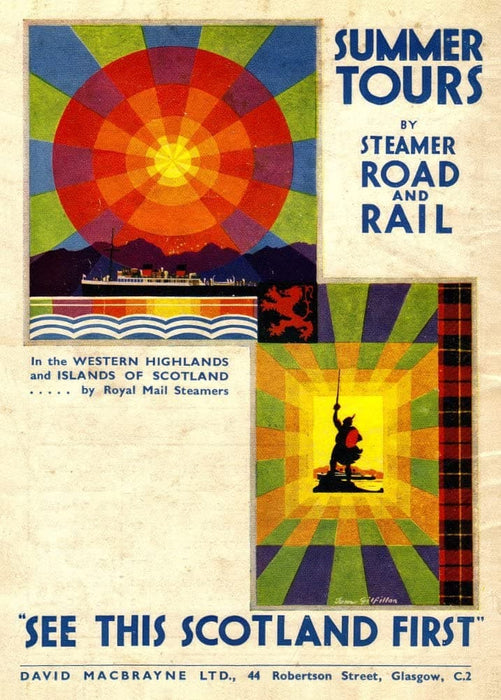 Vintage Travel Scotland 'Summer Tours by Steamer, Road and Rail', Circa 1930-40's, Reproduction 200gsm A3 Vintage Art Deco Travel Poster
