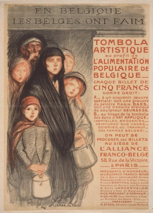 Vintage French WW1 Propaganda 'The Belgians are Hungry. an Artistic Raffle to be Held for Charity', France, 1914-18, Reproduction 200gsm A3 Vintage French Propaganda Poster