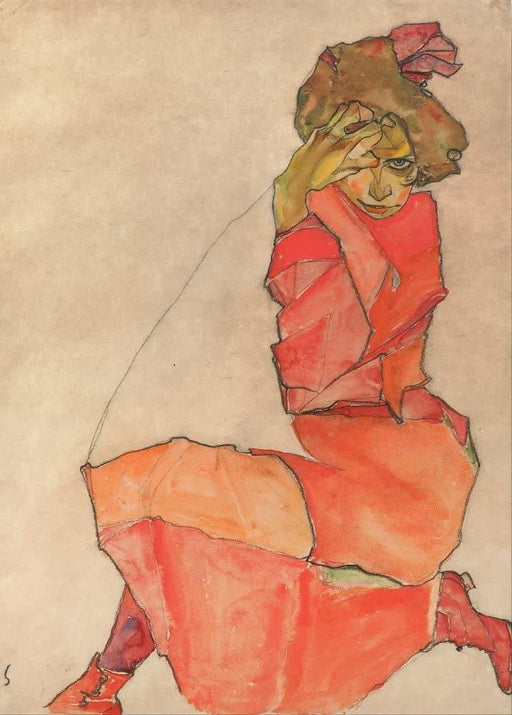 Egon Schiele 'Kneeling Female in Orange-Red Dress', Austria, 1910, Reproduction 200gsm A3 Vintage Classic Art Poster - World of Art Global Limited