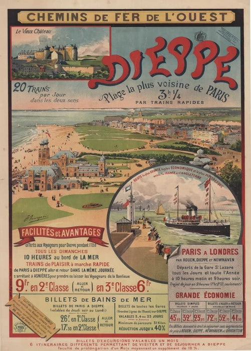Vintage Travel France 'Dieppe with Western Railway', France, 1900, Reproduction 200gsm A3 Vintage Art Nouveau Travel Poster