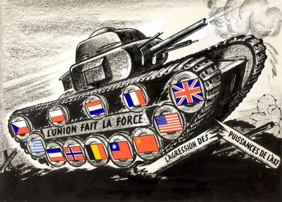 Vintage French WW2 Propaganda 'Union Jack with Allied Flags on a Tank, France', 1939-45, Reproduction 200gsm A3 Vintage French Propaganda Poster