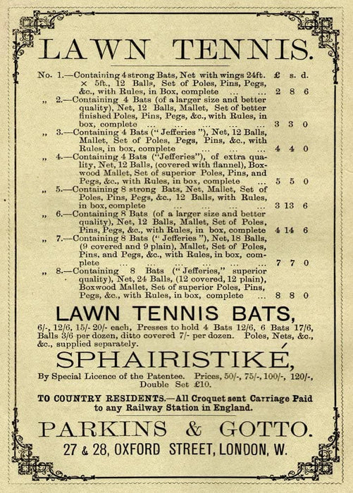 Vintage Tennis 'Lawn Tennis Equipment Sales', England, 1887, Reproduction 200gsm A3 Vintage Sports Poster
