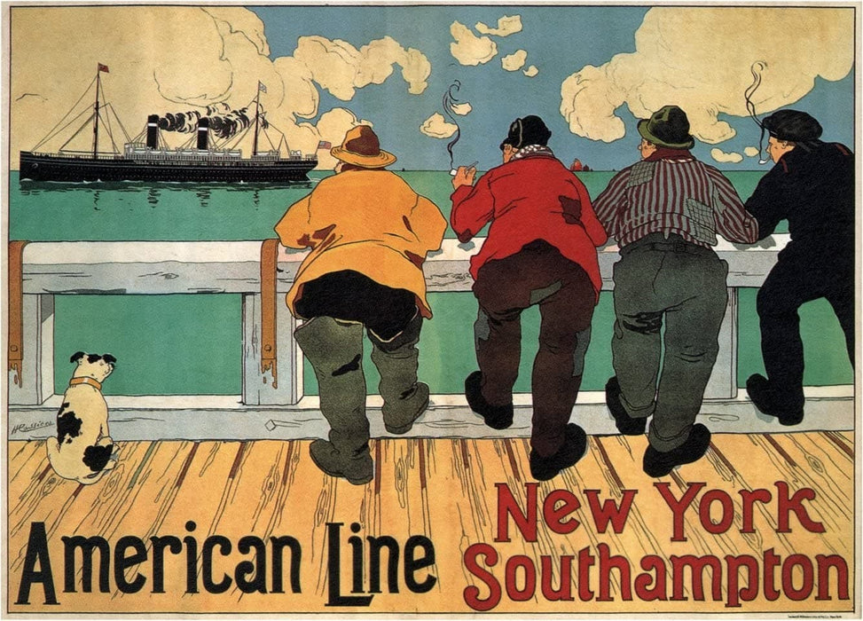 Vintage Travel America 'New York with American Line from Southampton', U.S.A, 1900, Henri Cassiers, Reproduction 200gsm A3 Vintage Art Nouveau Travel Poster