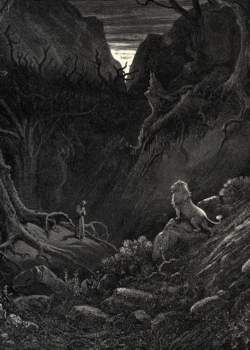 Gustave Dore 'Dante Before The Lion, Detail', from Dante's 'The Divine Comedy, Inferno', France, 1860's, Reproduction 200gsm A3 Vintage Poster - World of Art Global Limited