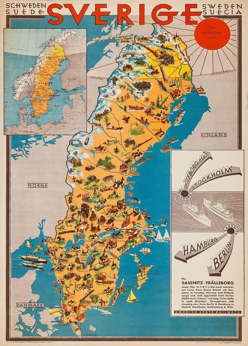 Vintage Travel Sweden 'Sverige Map', 1931, Reproduction 200gsm A3 Vintage Travel Poster