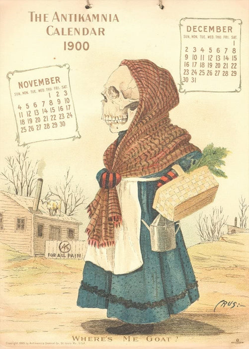 Vintage Anatomy 'The Old Woman. Where's me Goat?', from 'The Antikamnia Calender', 1899, U.S.A, Reproduction 200gsm A3 Vintage Medical Poster