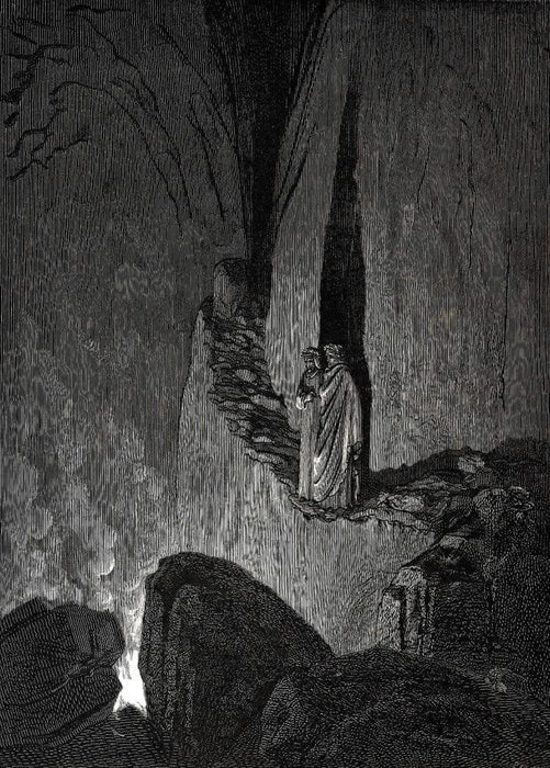 Gustave Dore 'The Master Said in This Fire Souls are Burning', Dante's 'The Divine Comedy, Inferno', France, 1860's, Reproduction 200gsm A3 Vintage Classic Art Poster