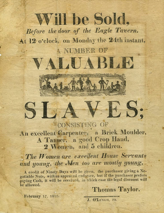Vintage Slavery and Anti-Slavery 'Auction for a Valuable Number of Slaves', U.S.A, 1812, Reproduction 200gsm A3 Vintage Slavery Poster