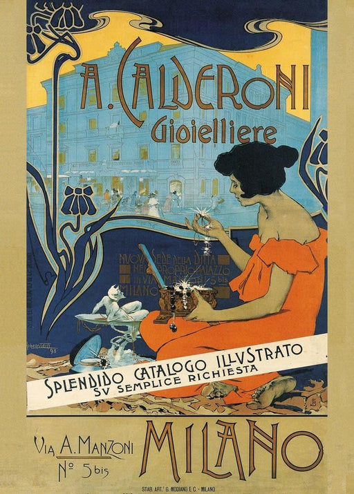 'A. Calderoni Gioielliere', 1898. Adolf Hohenstein, Reproduction 200gsm A3 Vintage Art Nouveau Sports Poster - World of Art Global Limited